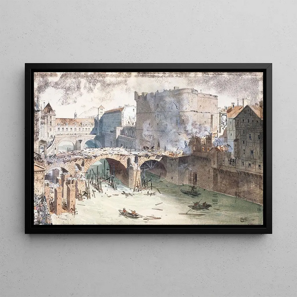 Fdor Hoffbauer - Le PetitPont et le PetitChtelet aprs lincendie du 27 avril 1718 actuellement rue du PetitPont quai Montebello.webp
