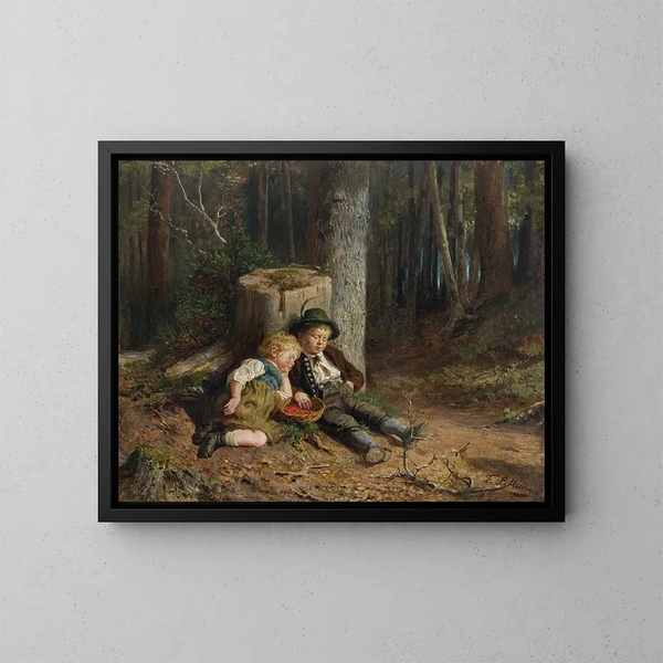 Niños recolectando bayas dormidos en el bosque - Felix Schlesinger — cuadro enmarcado en la pared