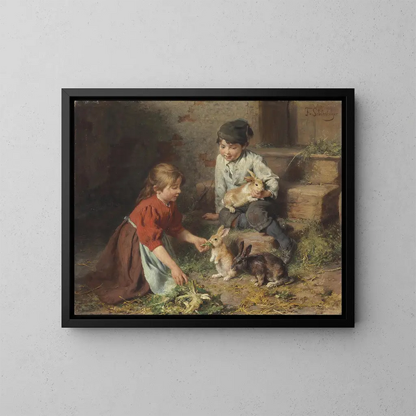 Alimentación de conejos - Felix Schlesinger — cuadro enmarcado en la pared