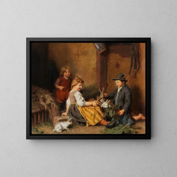 Niños con conejos en la establo - Felix Schlesinger — cuadro enmarcado en la pared