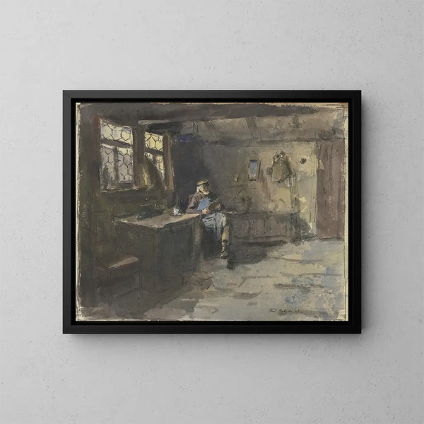 Hombre sentado en un interior sencillo leyendo - Ferdinand Balzer — cuadro enmarcado en la pared