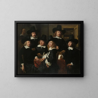 Seis regentes y el preceptor del instituto Nieuw Zijds para la asistencia exterior a los pobres, Ámsterdam 1657 - Ferdinand Bol — cuadro enmarcado en la pared