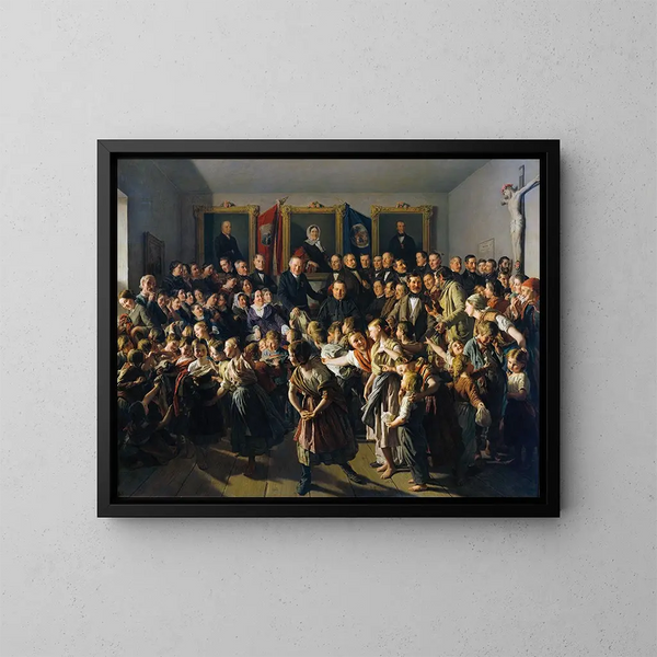 The children from poor families are helped by the municipality of Spittelberg on the occasion of St. Michael's Day with winter clothing. - Ferdinand Georg Waldmüller — framed artwork on a wall