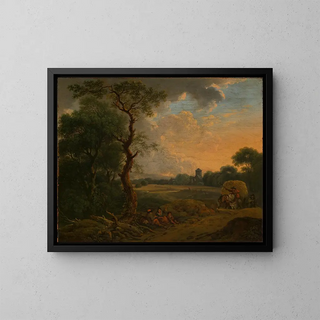 paisaje vespertino con carro de heno - Ferdinand Kobell — cuadro enmarcado en la pared