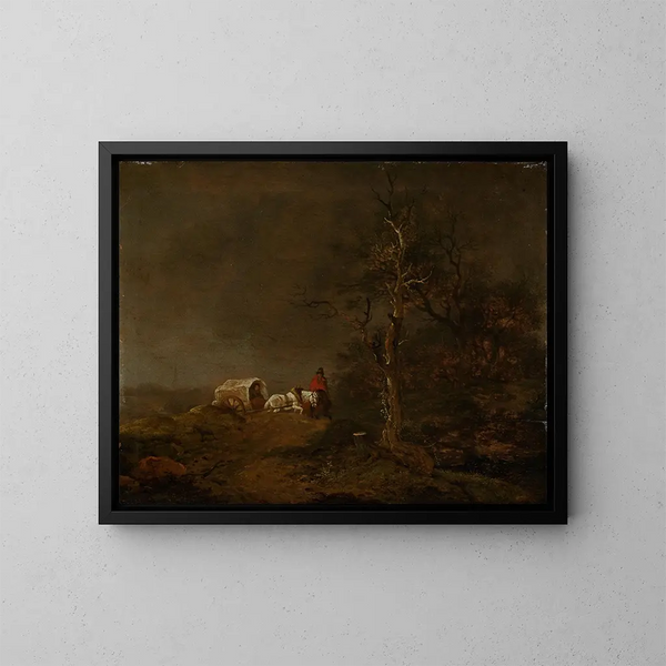 Stormy landscape with peasant cart - Ferdinand Kobell — framed artwork on a wall