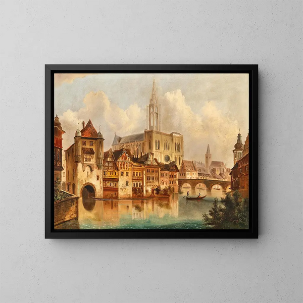Una escena en un canal cerca de la catedral de Estrasburgo - Ferdinand Lepié — cuadro enmarcado en la pared