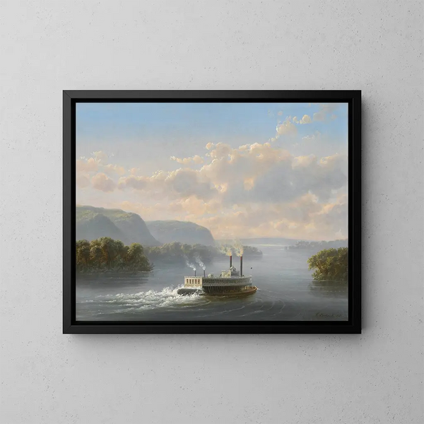 Steamship on the Upper Mississippi - Ferdinand Richardt — framed artwork on a wall