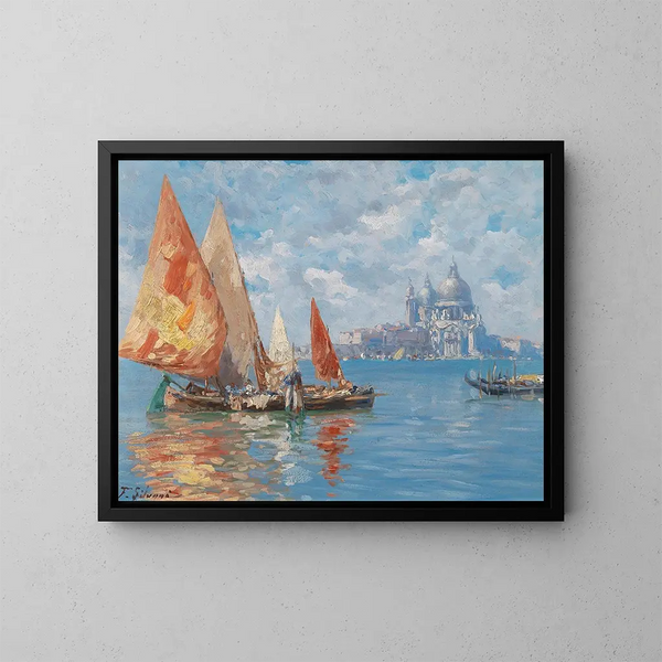 Botes de pesca en Venecia frente a Santa Maria della Salute - Ferdinando Silvani — cuadro enmarcado en la pared