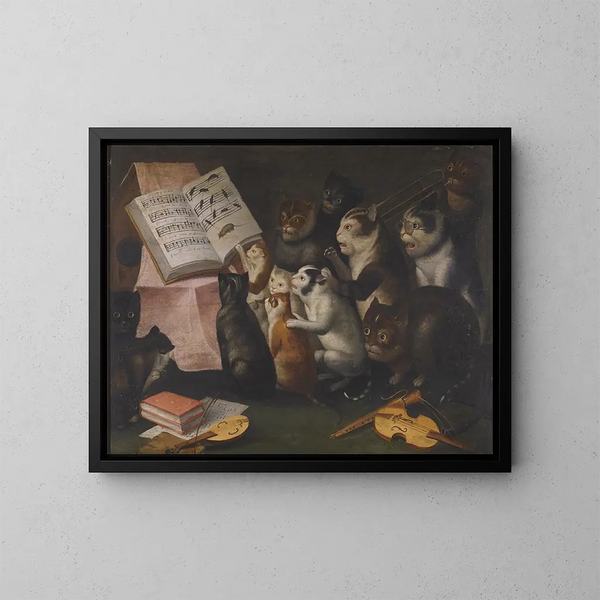 An explosion of cats making music and singing - Flemish School — framed artwork on a wall