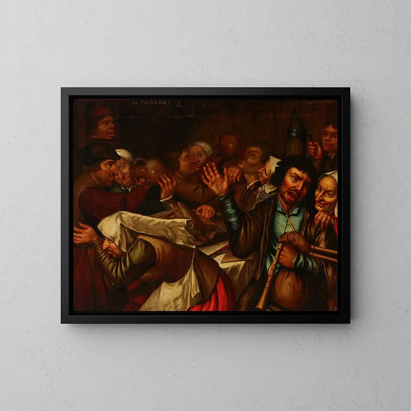 Tavern Scene Painting - Flemish School — framed artwork on a wall
