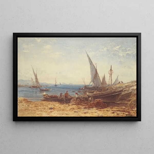 Fishermen and boats by the water's edge - Félix Ziem — framed artwork on a wall