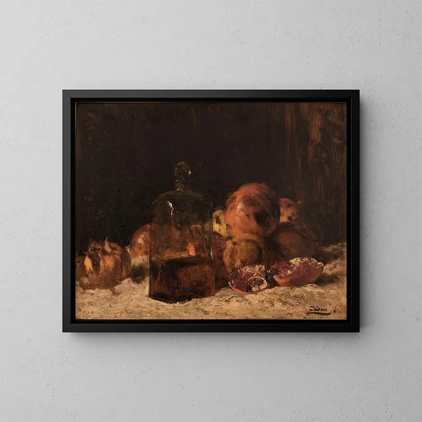 Still life with flask and pomegranates - Félix Ziem — framed artwork on a wall