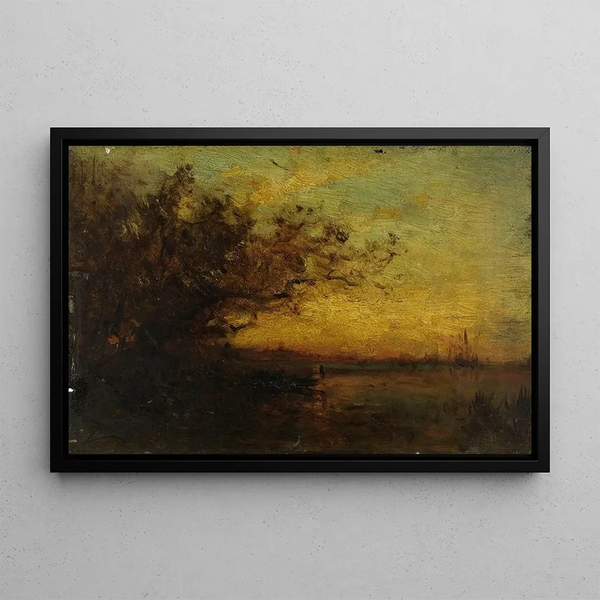Water body at sunset painting with two studies on the back - Félix Ziem — framed artwork on a wall
