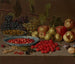 Plato de cerezas y fresas silvestres con uvas, manzanas, peras, ciruelas y otras frutas sobre un borde de piedra - Floris van Schooten — vista de la obra