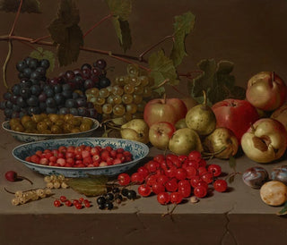Plato de cerezas y fresas silvestres con uvas, manzanas, peras, ciruelas y otras frutas sobre un borde de piedra - Floris van Schooten — vista de la obra