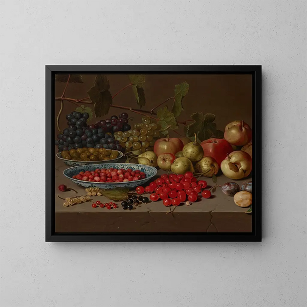 Plato de cerezas y fresas silvestres con uvas, manzanas, peras, ciruelas y otras frutas sobre un borde de piedra - Floris van Schooten — cuadro enmarcado en la pared
