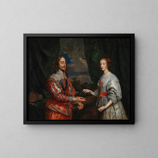 Portrait of King Charles I and Queen Marie Henriette - School of Antoine van Dyck — framed artwork on a wall