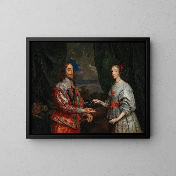 Portrait of King Charles I and Queen Marie Henriette - School of Antoine van Dyck — framed artwork on a wall