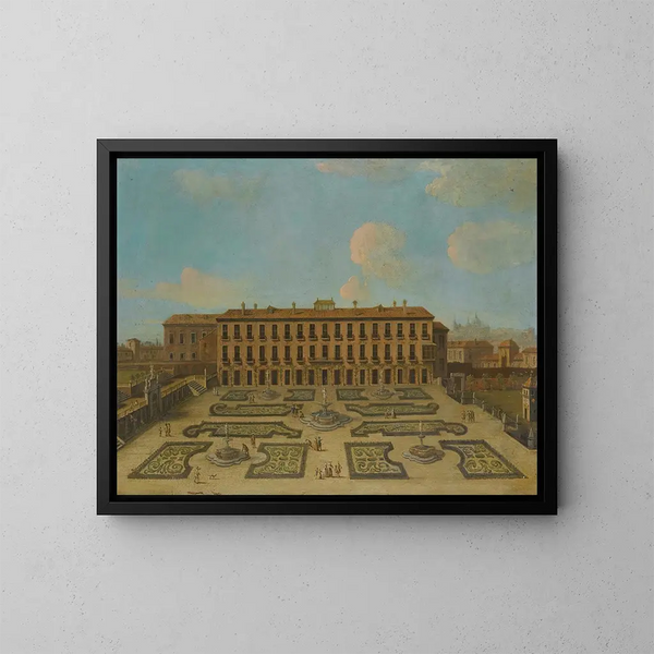 View of a palace, perhaps the Palacio Riofrío in Segovia, with figures strolling in the French-style gardens - School of Francesco Battaglioli — framed artwork on a wall
