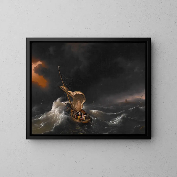El Cristo en la tempestad en el mar de Galilea - Escuela de Ludolf Backhuysen — cuadro enmarcado en la pared