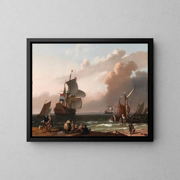 Escena costera con un barco de guerra y otros barcos - Escuela de Ludolf Backhuysen — cuadro enmarcado en la pared