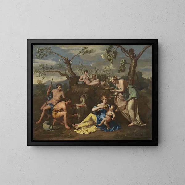 Nymphe alimentando al niño Júpiter - Escuela de Nicolas Poussin — cuadro enmarcado en la pared
