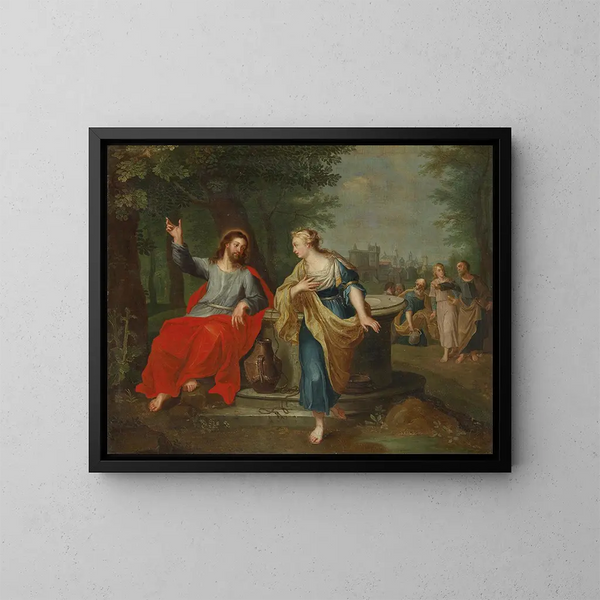 El Cristo y la mujer samaritana en el pozo - Escuela de Peter Paul Rubens — cuadro enmarcado en la pared