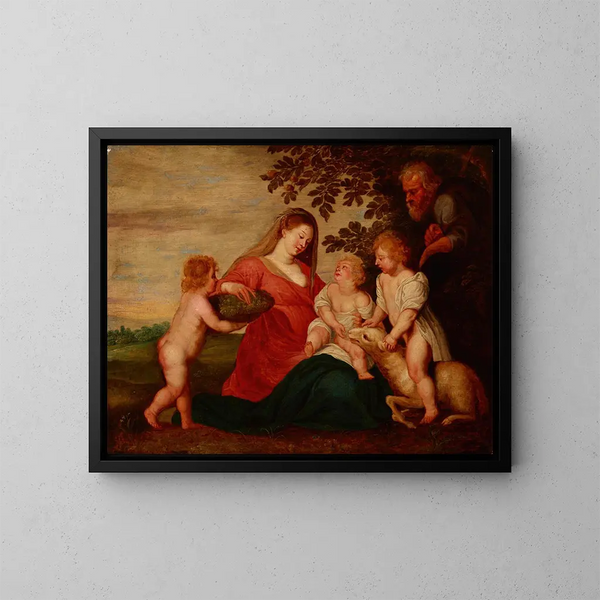 de la Sagrada Familia con el Santo Niño Juan Bautista y un ángel - Escuela de Peter Paul Rubens — cuadro enmarcado en la pared