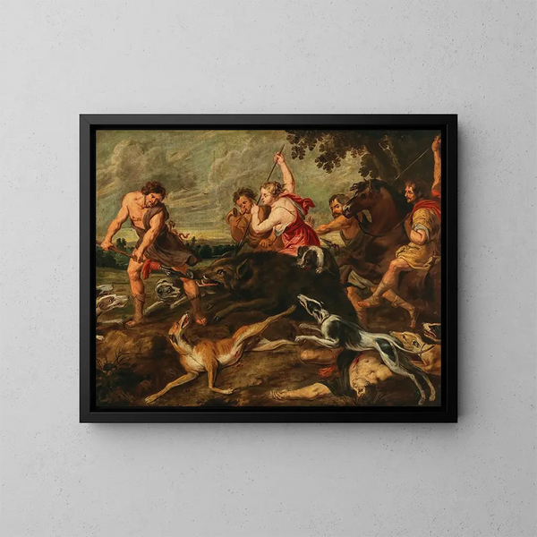 Méléagre y Atalante cazando al jabalí de Calidón - Escuela de Peter Paul Rubens — cuadro enmarcado en la pared