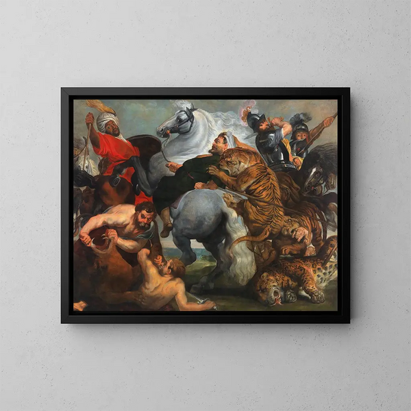 La caza del tigre, del león y del leopardo - Escuela de Peter Paul Rubens — cuadro enmarcado en la pared