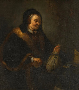 Follower of Rembrandt van Rijn - An old woman with a purse and coins at a table Allegory of Avarice.webp