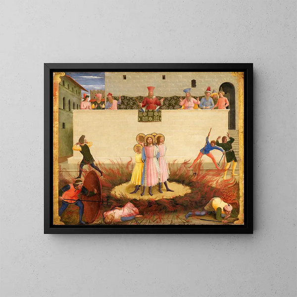 los santos Côme y Damien y sus hermanos supervivientes a la hoguera - Fra Angelico — cuadro enmarcado en la pared
