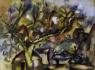 Escena de granja al atardecer - Frances Hodgkins — vista de la obra