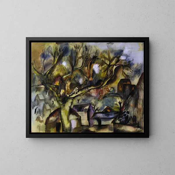 Escena de granja al atardecer - Frances Hodgkins — cuadro enmarcado en la pared