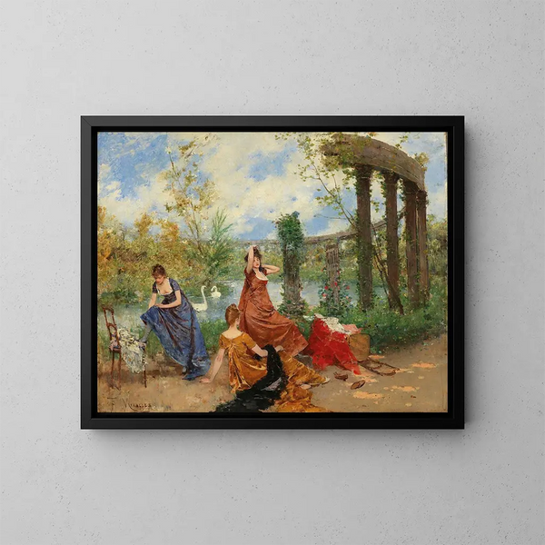 Ladies near the pond in the park - Francesc Miralles i Galaup — framed artwork on a wall