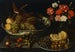 Raisins and peaches in a porcelain bowl with a finch, carnations in a glass vase, and a sliced lemon on a pewter plate - Francesco Codino — artwork view