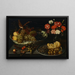 Raisins and peaches in a porcelain bowl with a finch, carnations in a glass vase, and a sliced lemon on a pewter plate - Francesco Codino — framed artwork on a wall