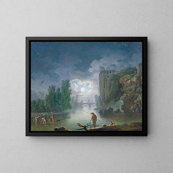 a river landscape at moonlight with fishermen working by torchlight, the Temple of Vesta in the background to the right - Francesco Fidanza — framed artwork on a wall