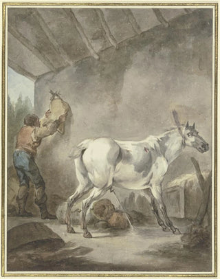 Francesco Giuseppe Casanova - Ein stallender Schimmel mit einem Bauern der einen Sattel aufhngt.webp