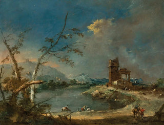 Un capricho de una torre rústica junto a un lago - Francesco Guardi — vista de la obra