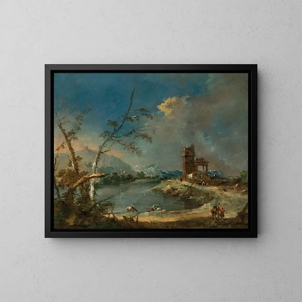 Un capricho de una torre rústica junto a un lago - Francesco Guardi — cuadro enmarcado en la pared