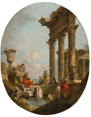 Francesco Guardi - An Architectural Capriccio With Figures Amongst Classical Ruins A Temple Beyond.webp