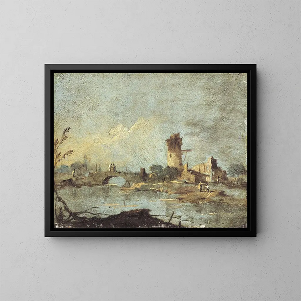 Caprice rústico con un puente y una torre en ruinas - Francesco Guardi — cuadro enmarcado en la pared