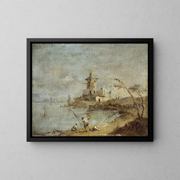 Caprice rústico con torre junto al agua - Francesco Guardi — cuadro enmarcado en la pared