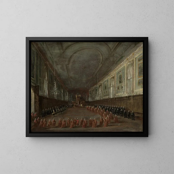 El Papa Pío VI descendiendo del trono para despedirse del doge en la sala de los SS Giovanni e Paolo 1782 - Francesco Guardi — cuadro enmarcado en la pared