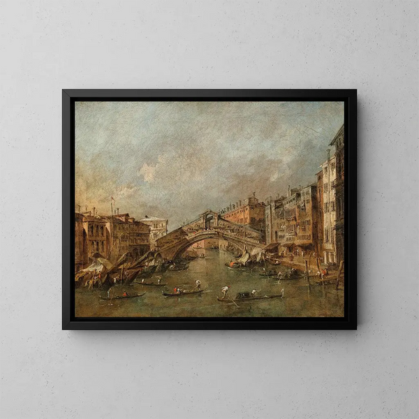 El puente del Rialto y la Riva del Vin en Venecia - Francesco Guardi — cuadro enmarcado en la pared