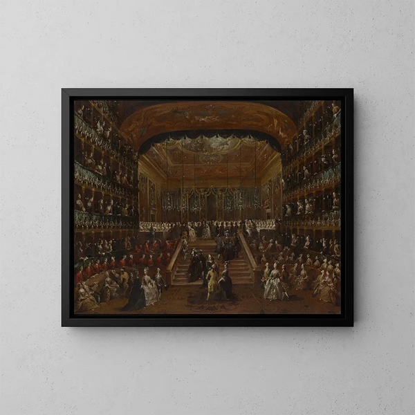 L'intérieur du Teatro San Benedetto à Venise lors du bal de 1782 en l'honneur des Conti del Nord - Francesco Guardi — cuadro enmarcado en la pared
