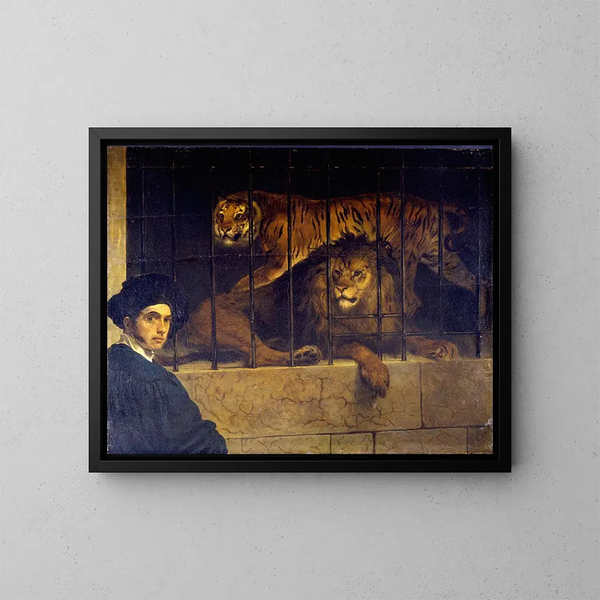 Autorretrato con un tigre y un león - Francesco Hayez — cuadro enmarcado en la pared