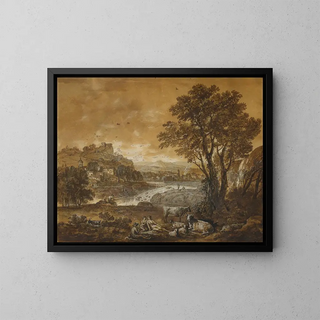 Un paisaje con pastores descansando bajo un árbol cerca de una cascada - Francesco Zuccarelli — cuadro enmarcado en la pared