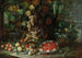 Un cesto de frutas, flores y verduras volteado con una guirnalda llena de fresas en un jardín de villa - Francesco della Questa — vista de la obra